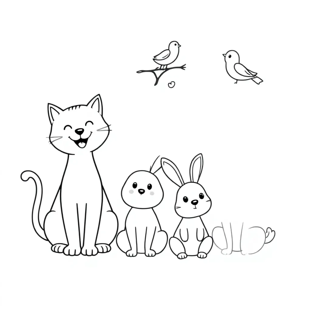 een kat, een hond , een konijn en een vogel coloring page for children