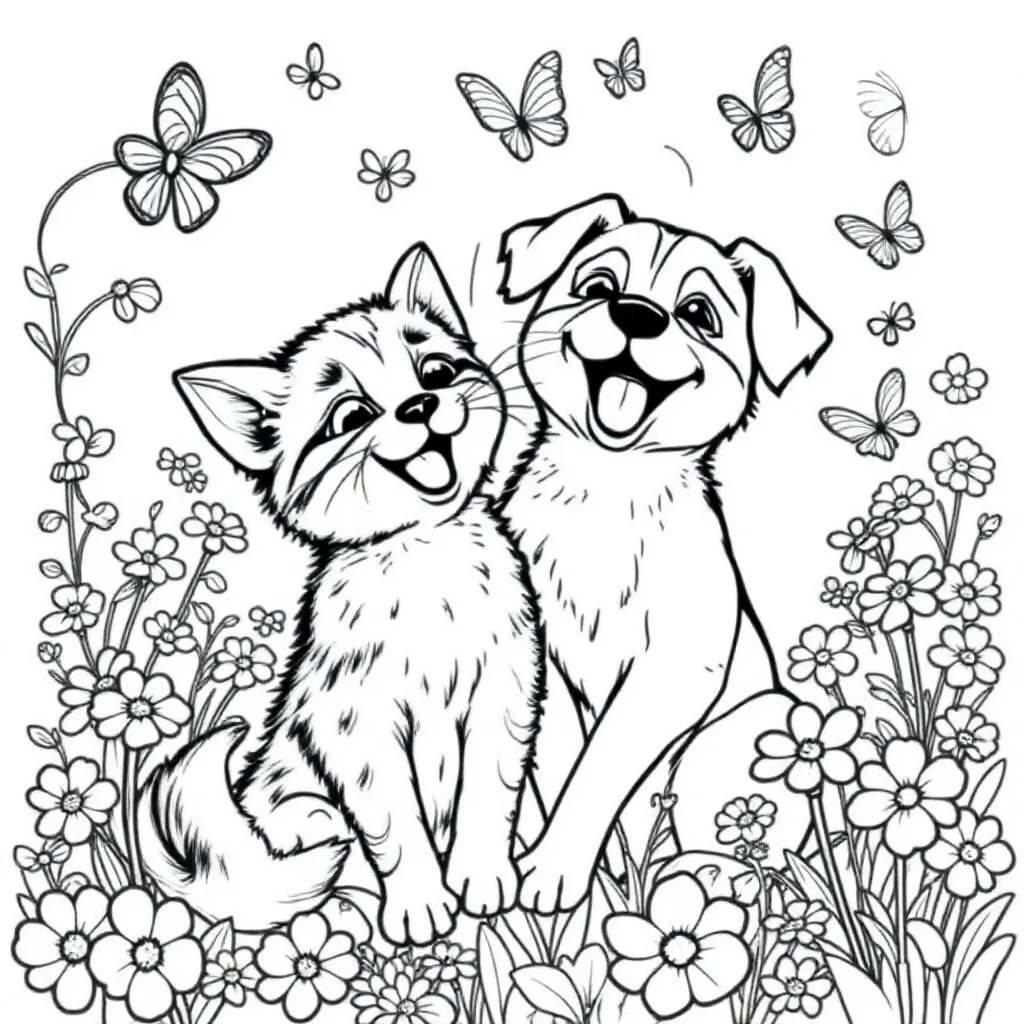 Feuille de coloriage gratuite d'un chat et d'un chien jouant ensemble. Feuille de coloriage