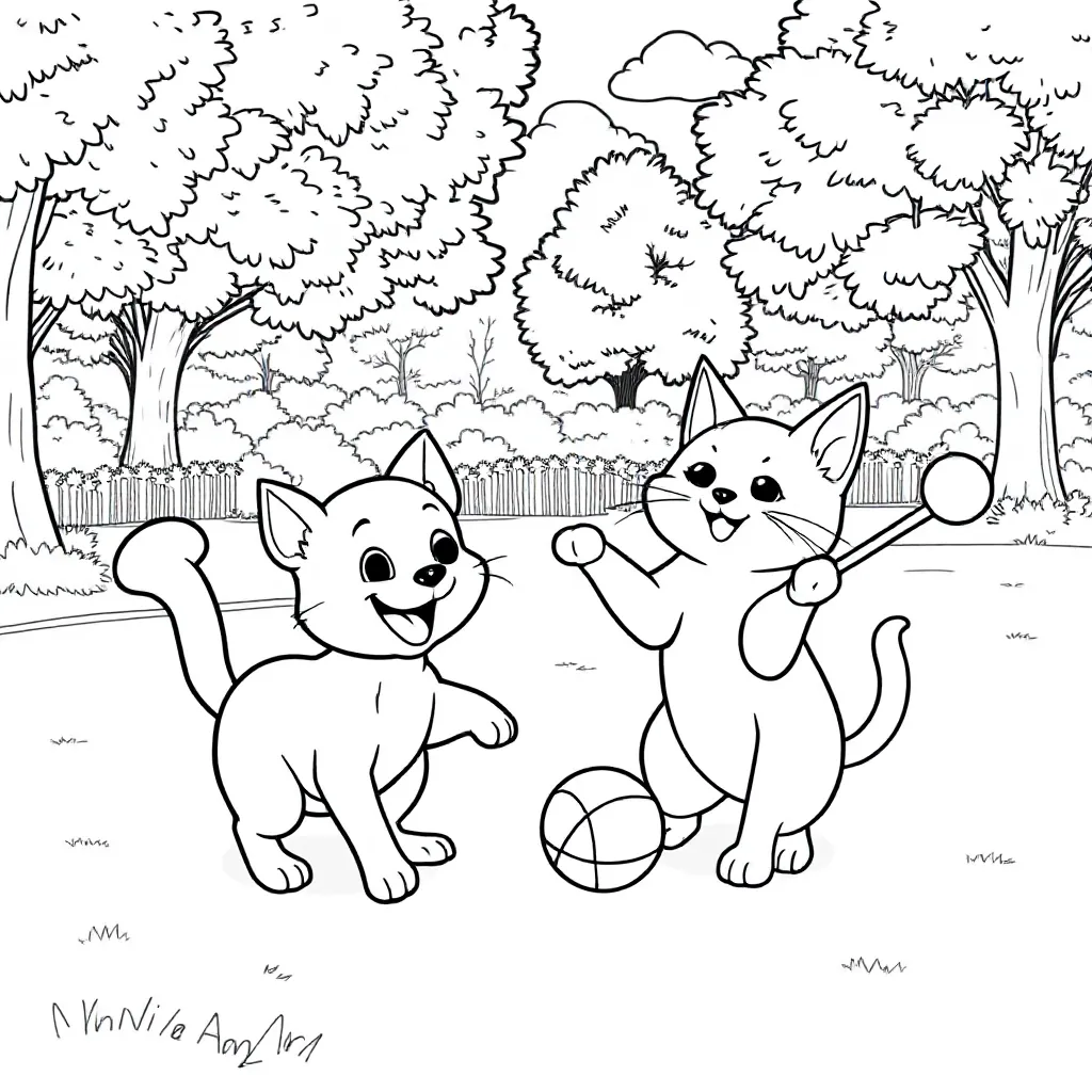 Feuille de coloriage gratuite d'un chat et d'un chien jouant ensemble. Feuille de coloriage