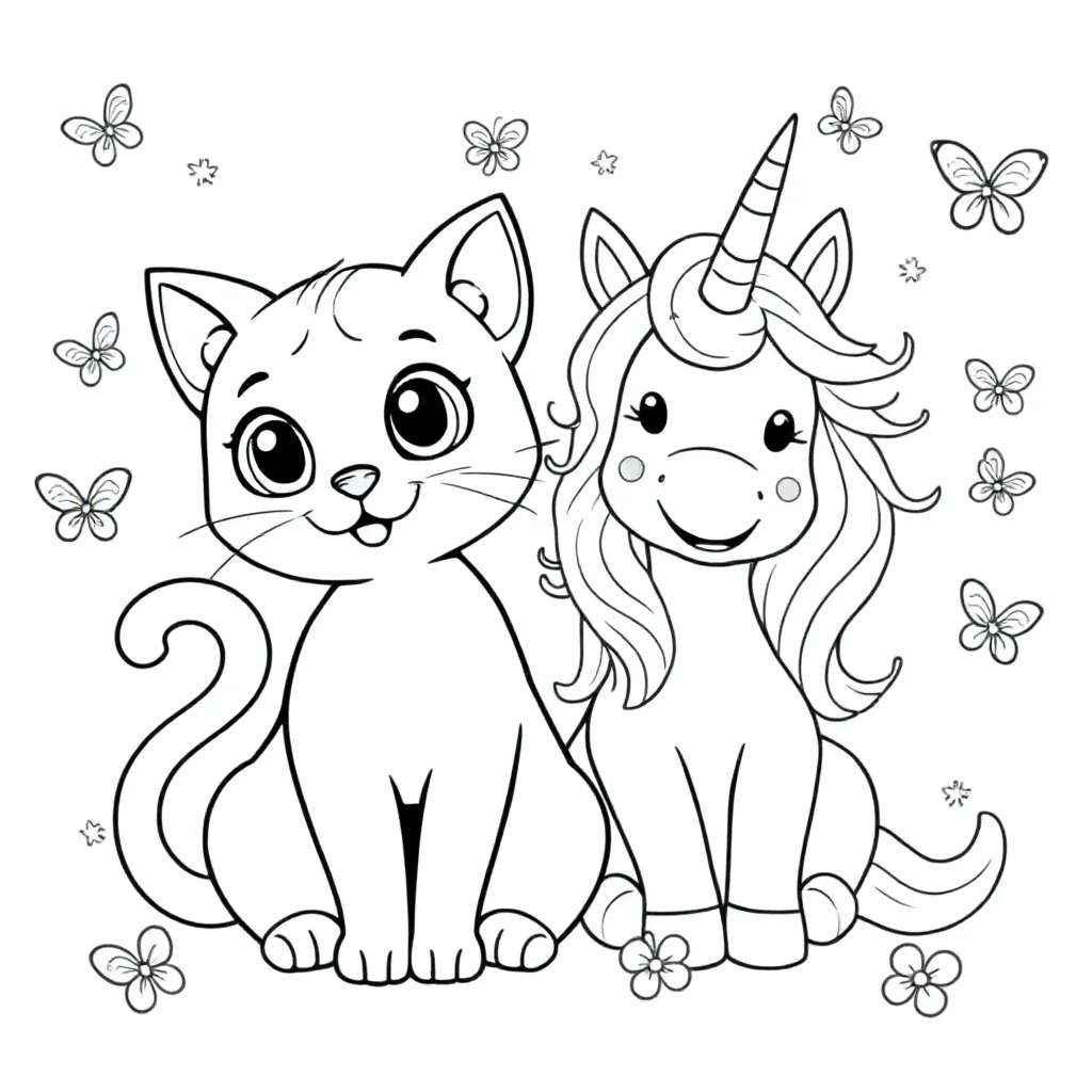 Een Kat Met Een Blije Unicorn Ernaast En Kleine Vlindertjes Rond Hen coloring page for children