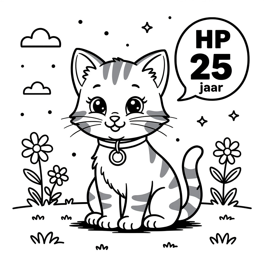 een katje met halsband en hanger in een weiland coloring page for children