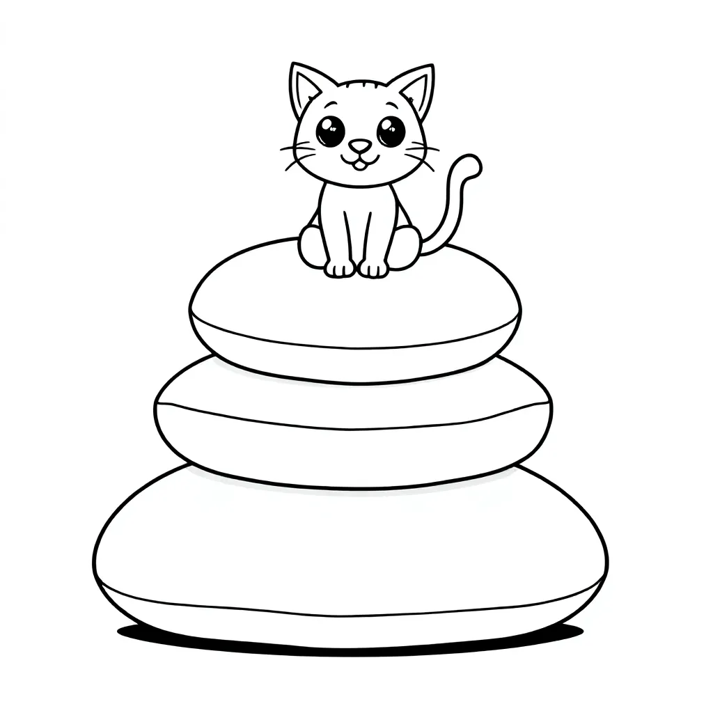 Plantilla de colorear GRATIS de una torre de bienvenida para gatos hecha de cojines. Plantilla de colorear