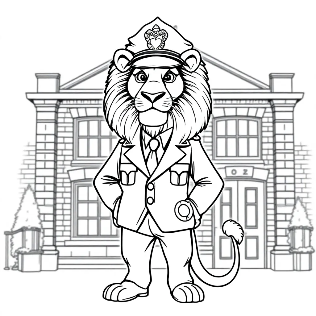 Een Leeuw Met Een Politieuniform Met Een Politiepet Met H... coloring page for children