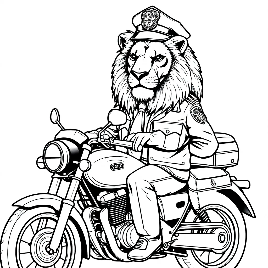 Een Leeuw Met Een Politieuniform Met Een Politiepet Rijde... coloring page for children