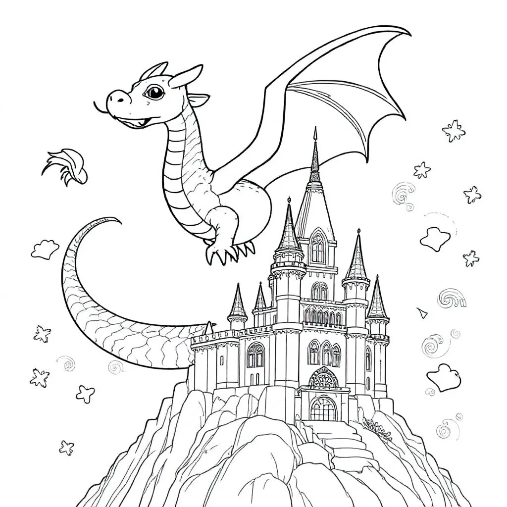 Una colorida lámina para colorear de un dragón mágico volando sobre un castillo para niños.