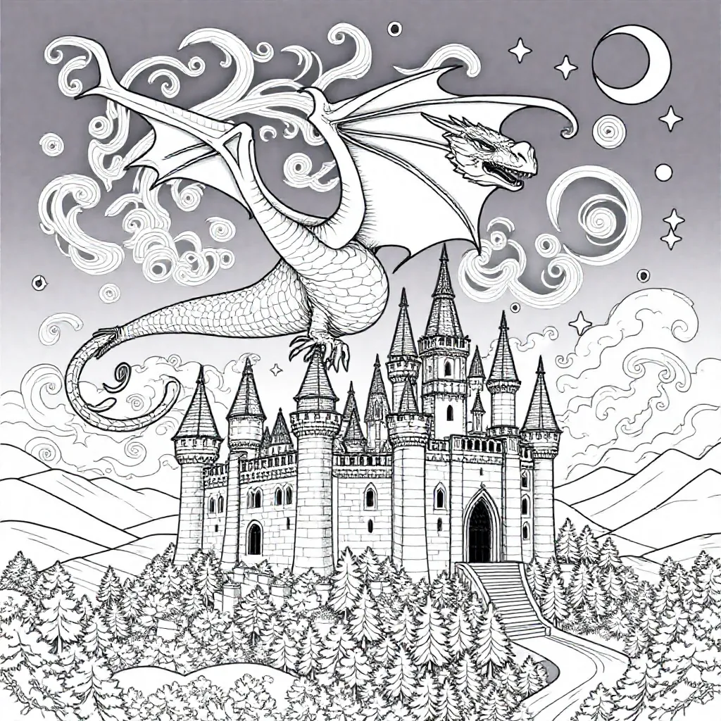 een magische draak die over een kasteel vliegt kleurplaat voor kinderen