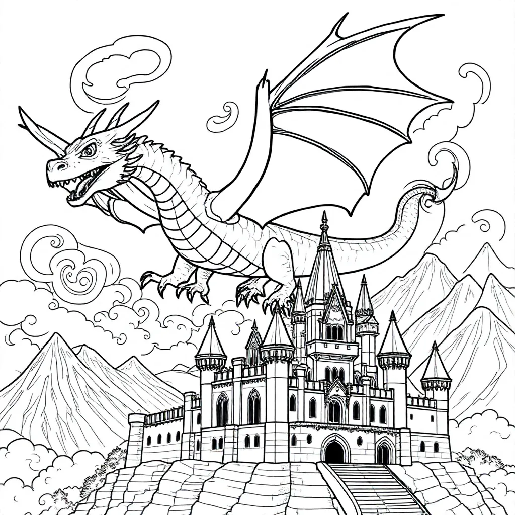 een magische draak die over een kasteel vliegt kleurplaat voor kinderen