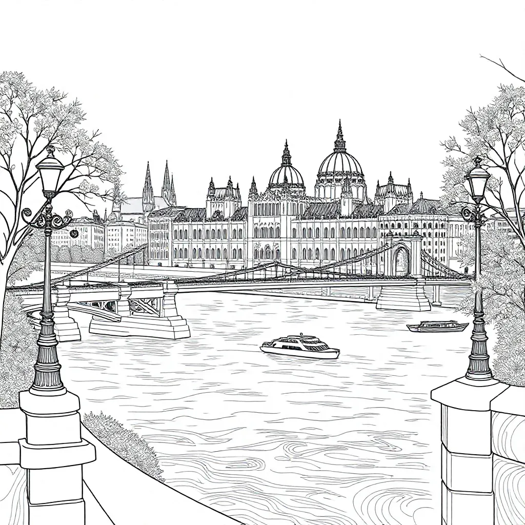 Free Budapest City Coloring Page. A beautiful, idyllic city scene.