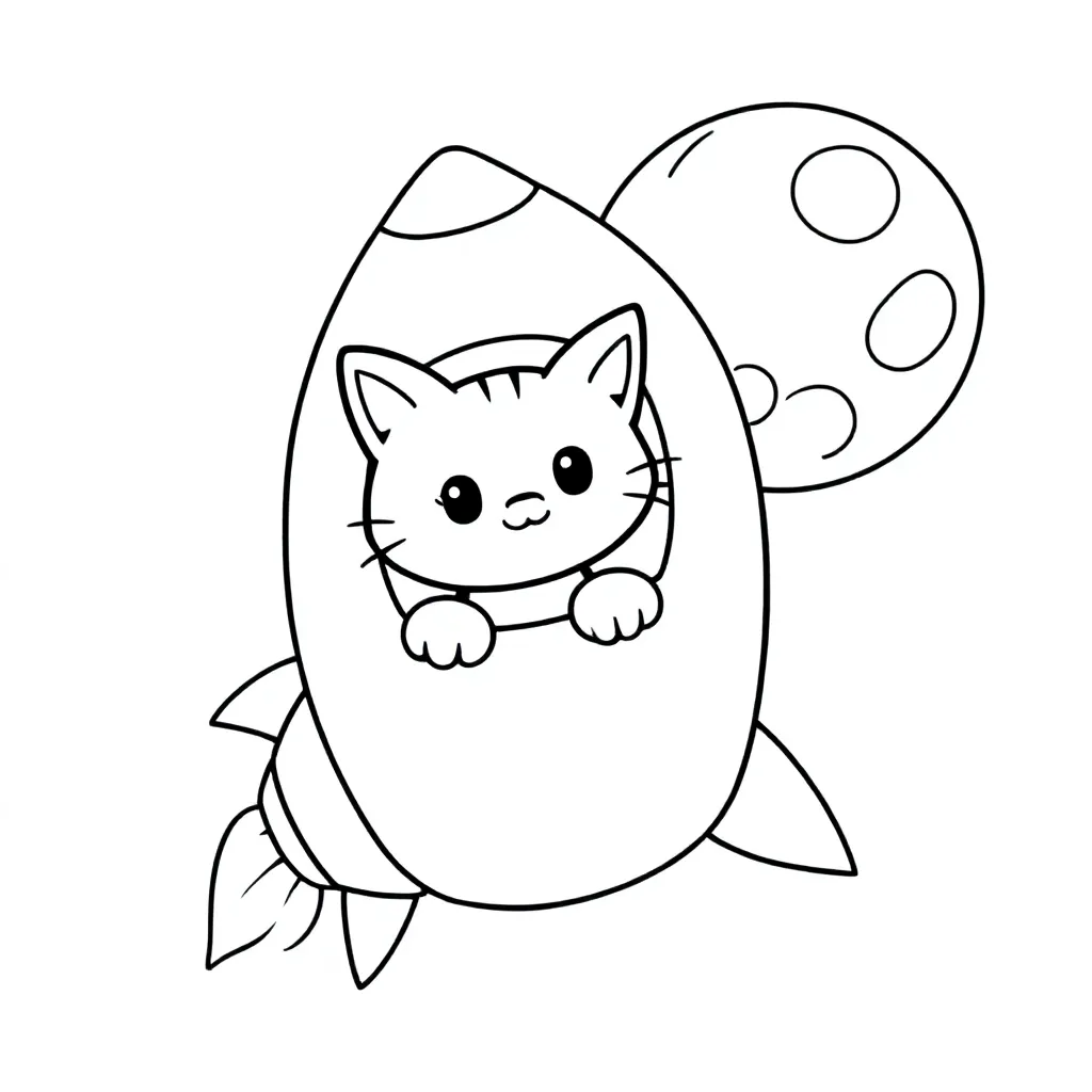 een poes die in een raket naar de maan vliegt kleurplaat voor kinderen