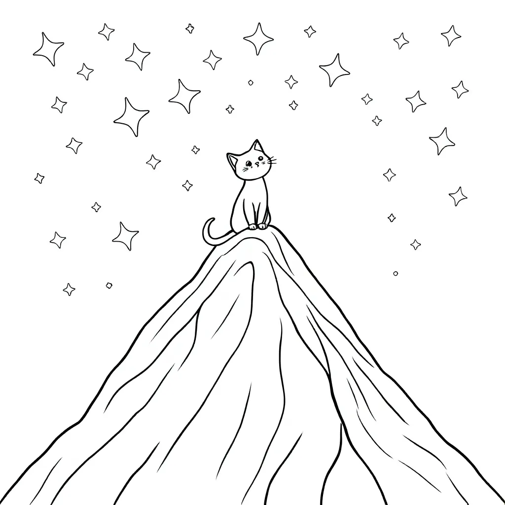 Een Poes Op Een Hele Hoge Berg Met Sterren In De Lucht coloring page for children