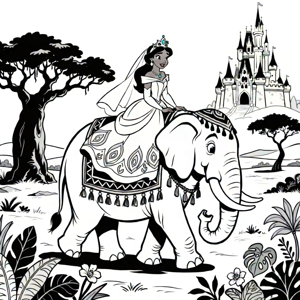 een prinses op een olifant door de zuidafrikaans landschap coloring page for children