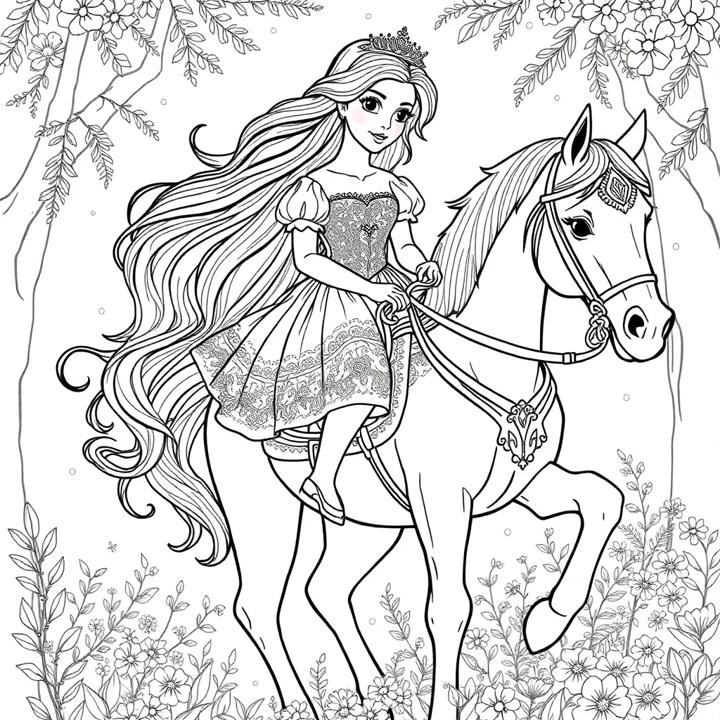 A princess, a horse, black coloring page for kids