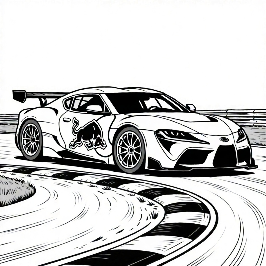 een racecircuit met een raceauto met een logo van redbull coloring page for children