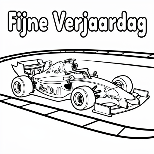 een racecircuit met een raceauto met een logo van redbull coloring page for children