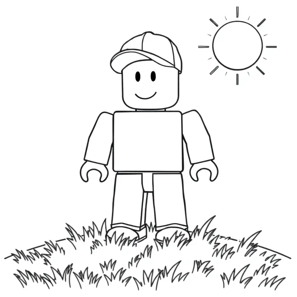 A Roblox doll, a grass field coloring page for kids.