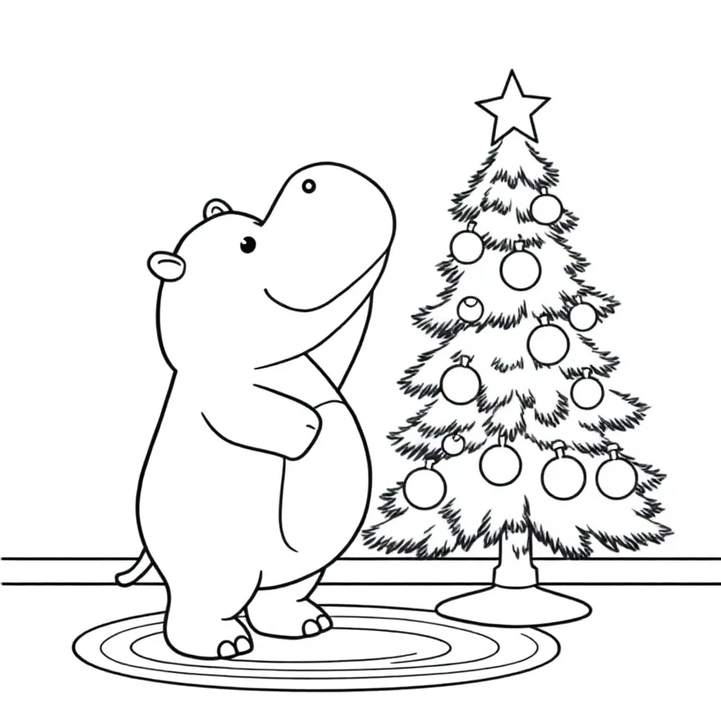 een schattige nijlpaard knuffel dat de kersboom versierd. kleurplaat voor kinderen