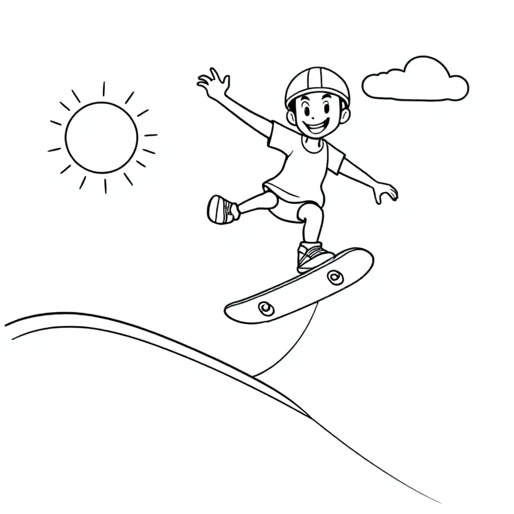 Een skater op een half pipe coloring page for children