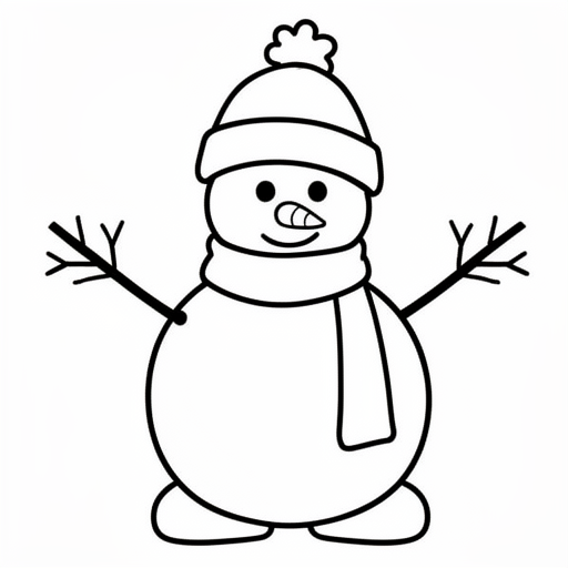 een sneeuwpop met een sjaal en muts en takken als armen kleurplaat voor kinderen