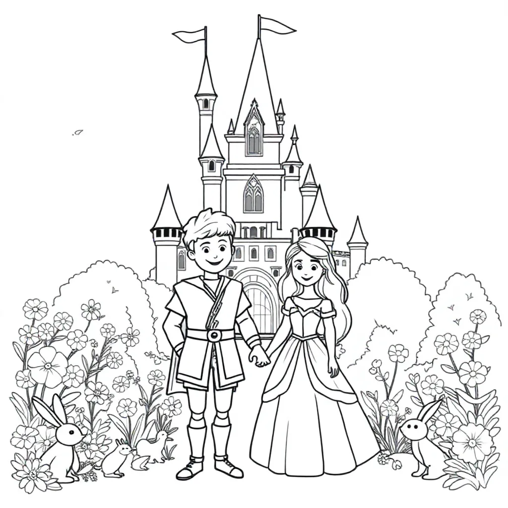 Een Sprookjeskasteel Met Een Prins En Prinses coloring page for children