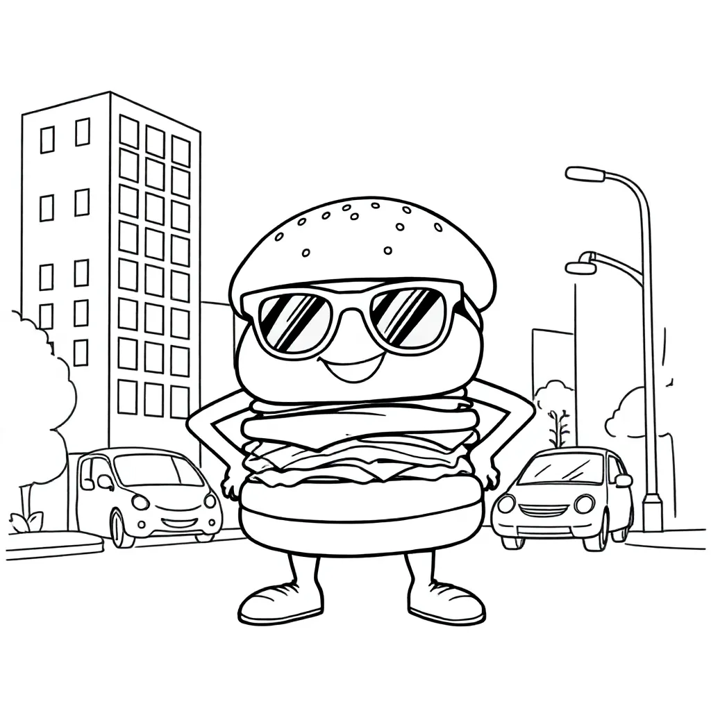 Free Printable Coloring Page: A Tough Hamburger with Sunglasses in a Busy City