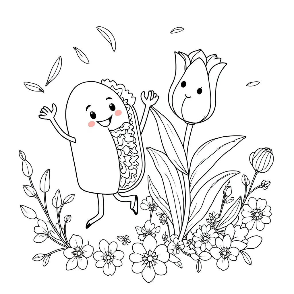 een taco en een tulp die samen dansen kleurplaat voor kinderen