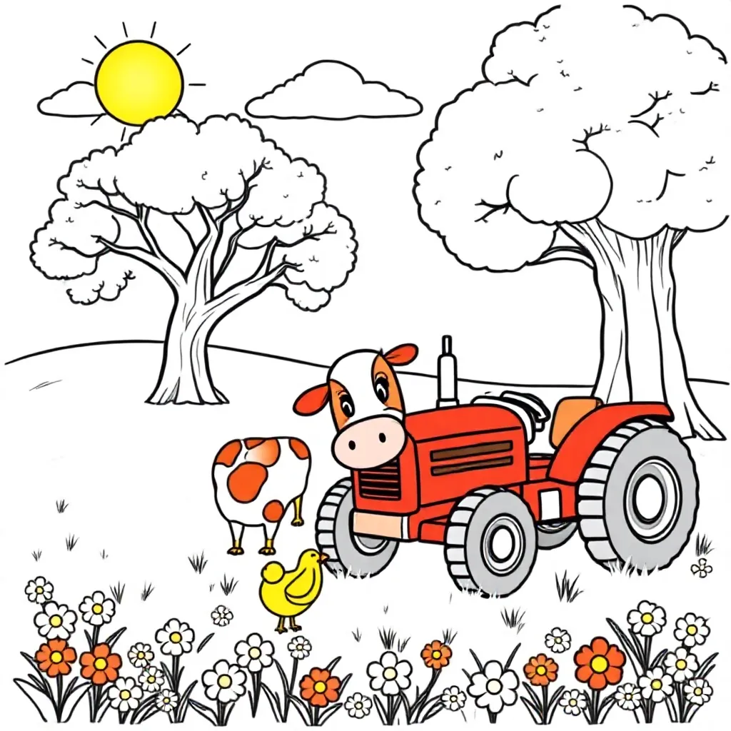 Un Tractor Una Vaca Un Pollo Flores Prado Nubes Sol Un ...