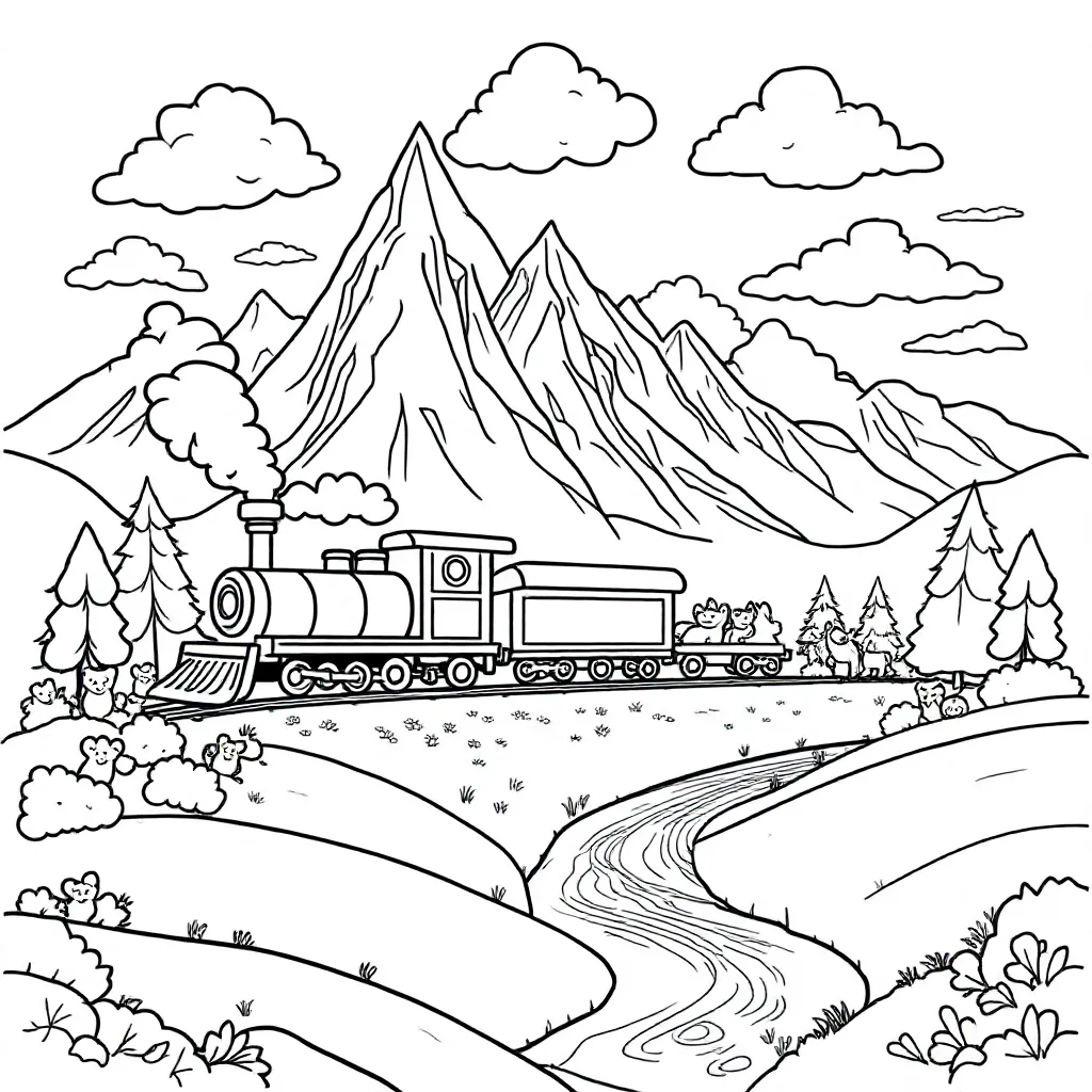 Een Trein Die Door De Bergen Rijdt Met Een Prachtig Uitzicht coloring page for children