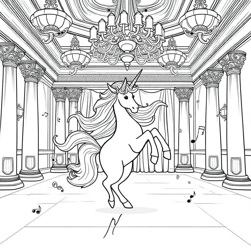 Een Unicorn Die Danst In Een Mooie Danszaal coloring page for children