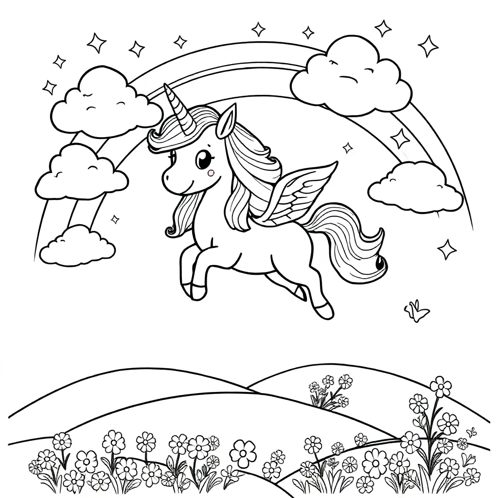 Plantilla de colorear gratis: ¡Una alegre unicornio volando a través del arcoíris!