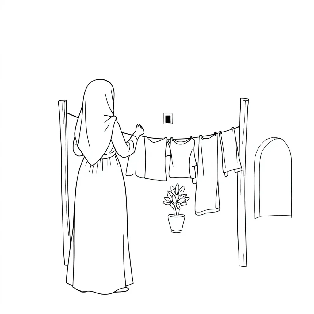 Een vrouw met hoofddoek zonder gezicht die in Marokko de was ophangt kleurplaat voor kinderen