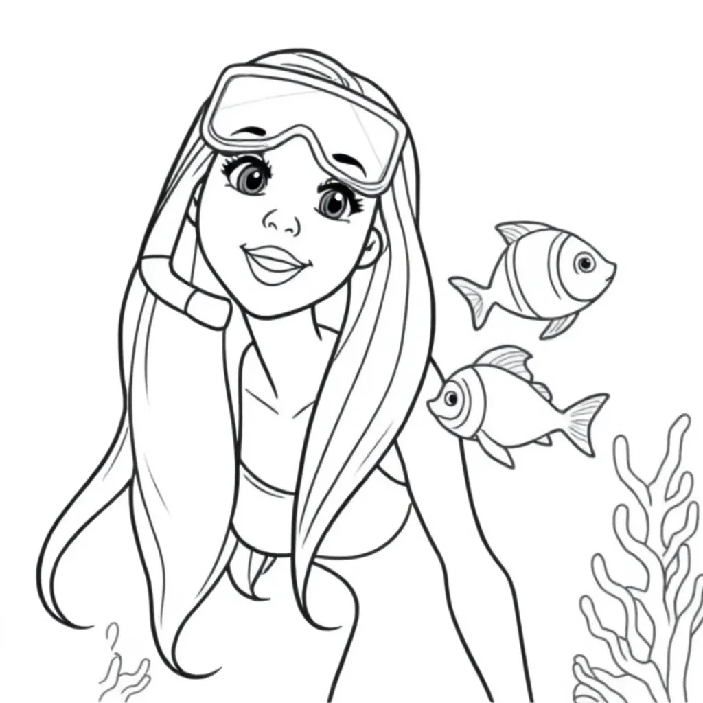 Een vrouw met lang haar en kleding aan  die op avontuur is in de onderwater wereld met een snorkel o