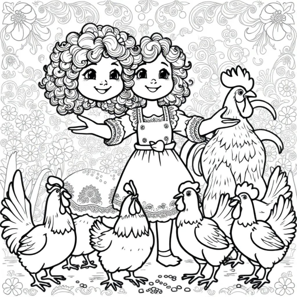 Een zwart-witte tekening van een meisje met krullen dat vijf kippen voert coloring page for children