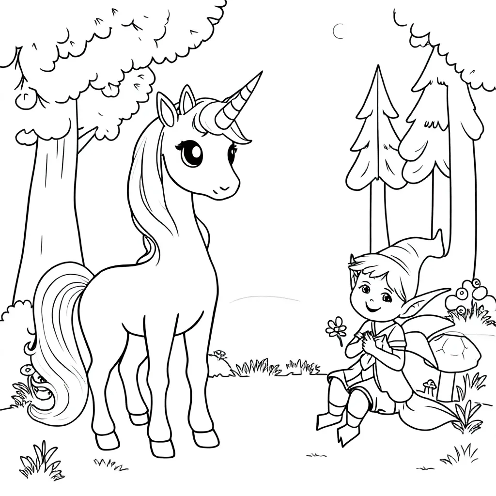 Eenhoorn En Een Elfje In Een Prachtig Bos coloring page for children