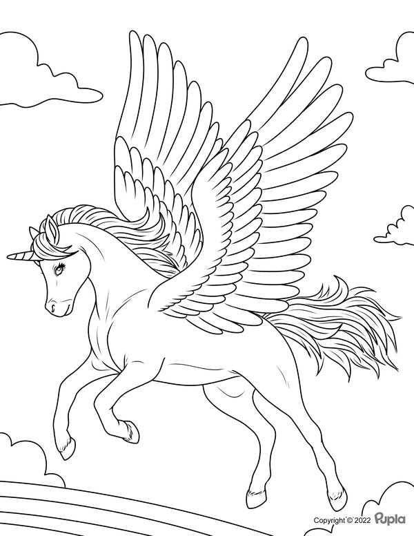 Feuille de coloriage Licorne aux ailes déployées
