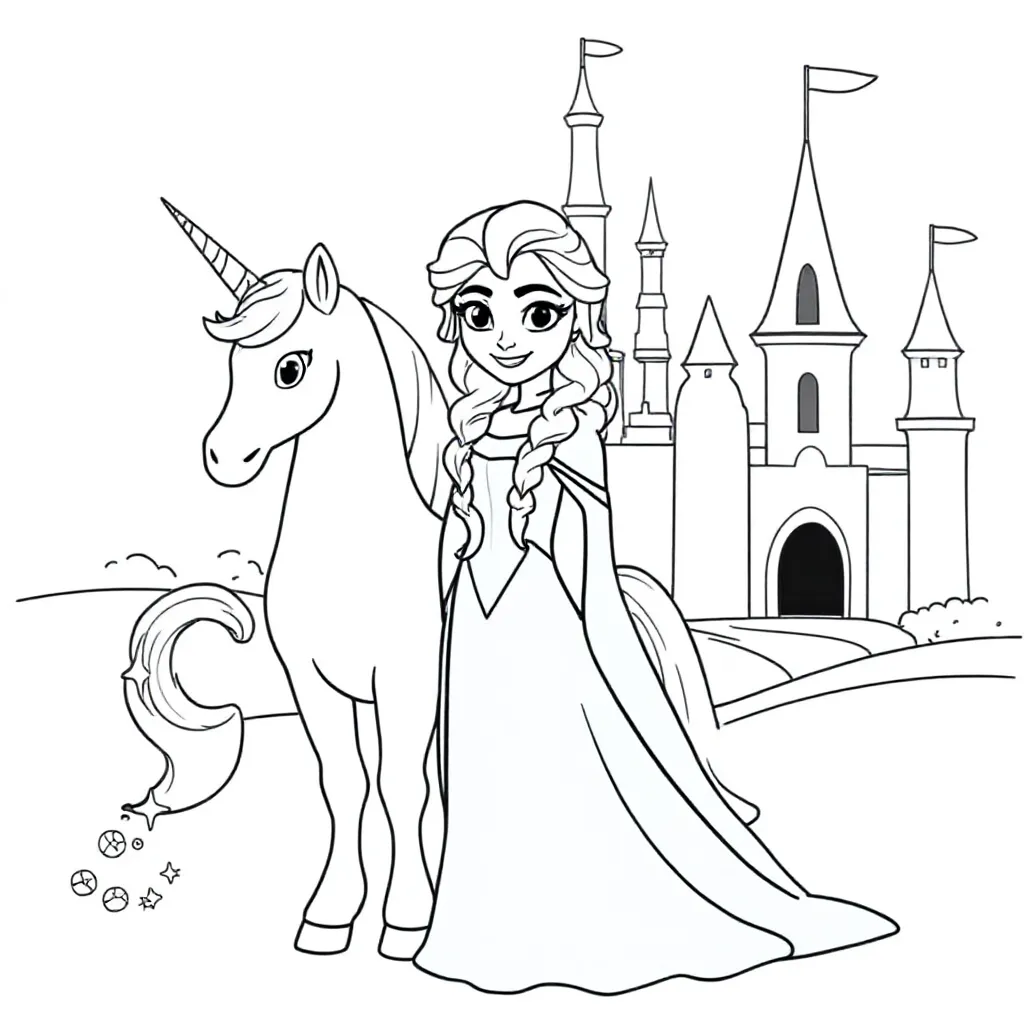 Elsa van Frozen met eenhoorn coloring page for children
