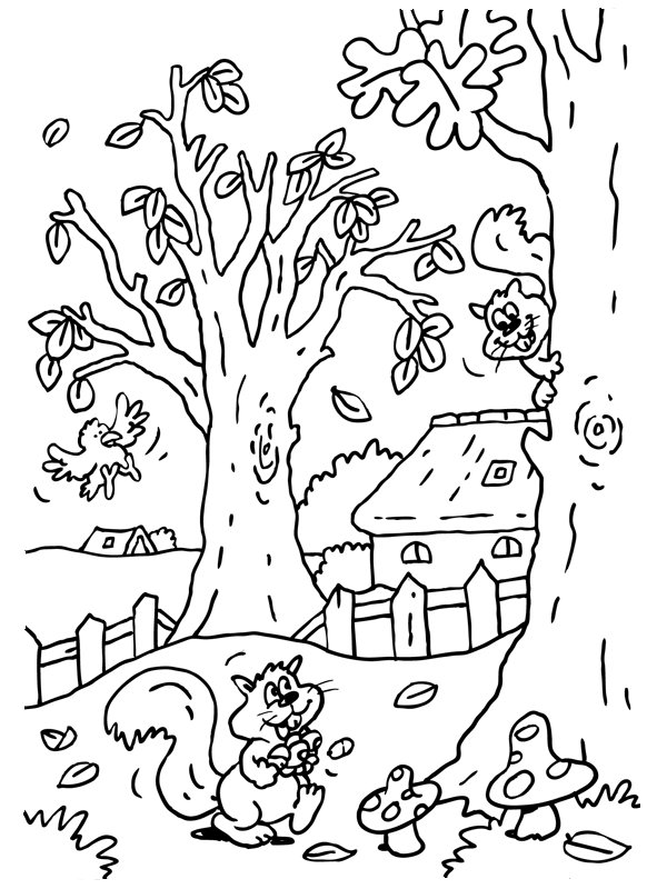 Escena De Bosque Otonal Ardillas coloring page for children