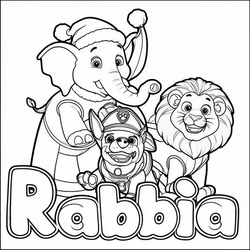 Feestelijke olifanten en leeuwen met paw patrol kleurplaat voor kinderen