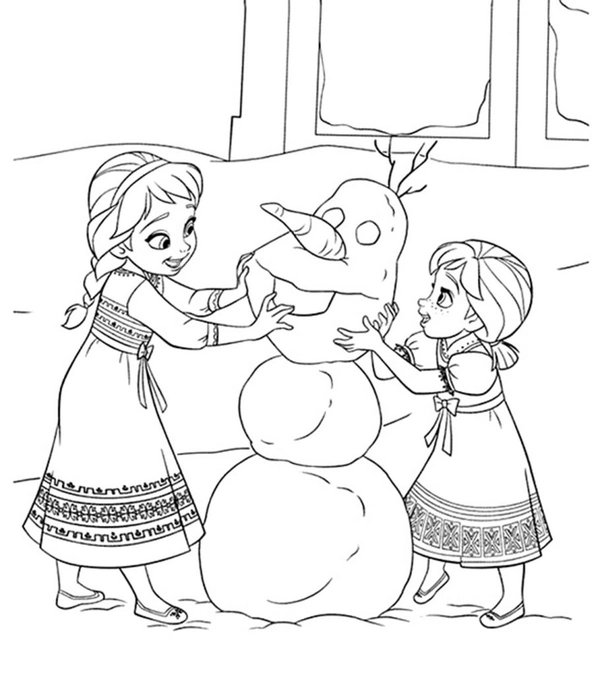 Frozen Young Anna Elsa Snowman coloring page for children