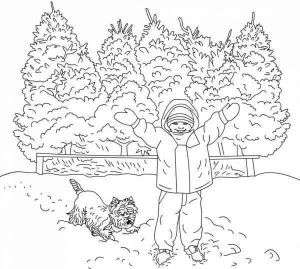 Garcon Et Chien Dans La Neige coloring page for children