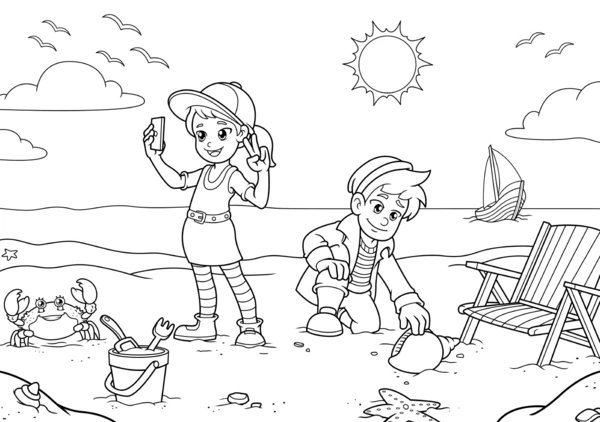 Garcon Et Fille Sur La Plage coloring page for children