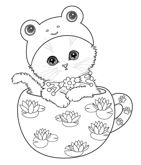 Gatito En Taza De Te coloring page for children