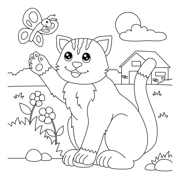 Gato Con Mariposa Y Casa coloring page for children