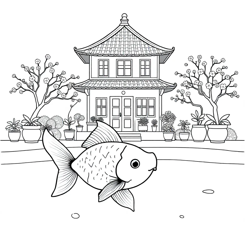 Goudvis Met Een Japans Huis En Plantjes coloring page for children