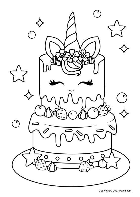 Grand Et Beau Gateau A La Licorne coloring page for children