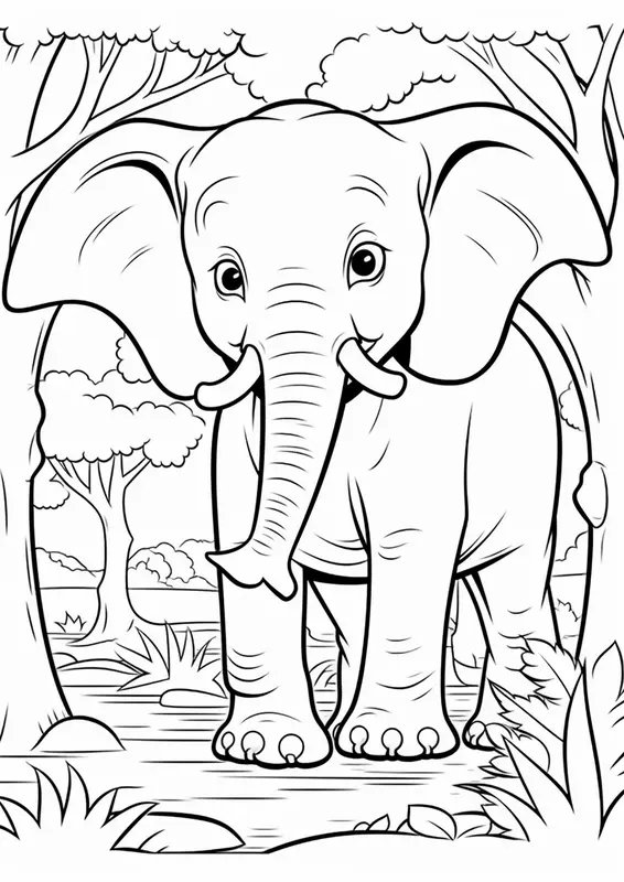 Grote Olifant tussen de Bomen coloring page for children
