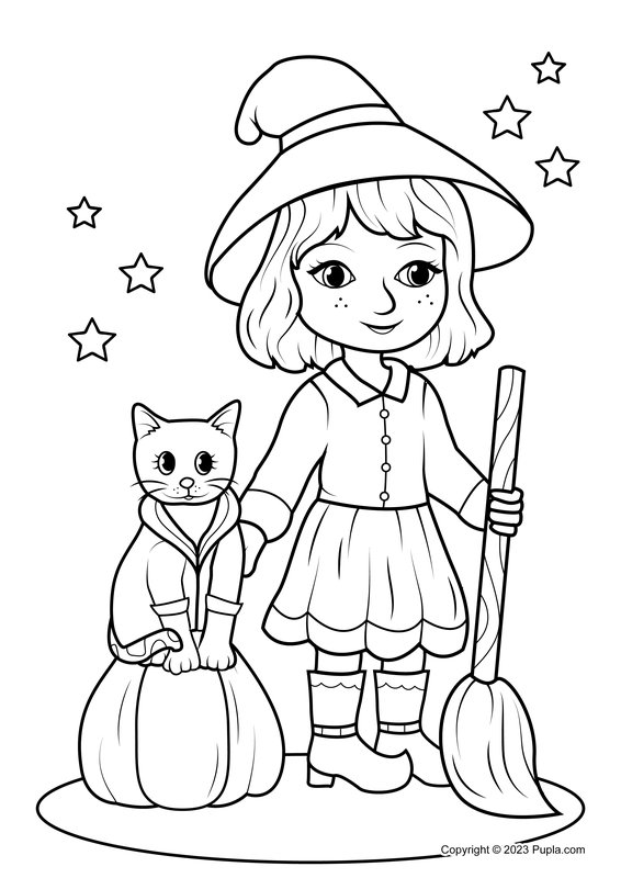 Halloween Chica Con Gato coloring page for children