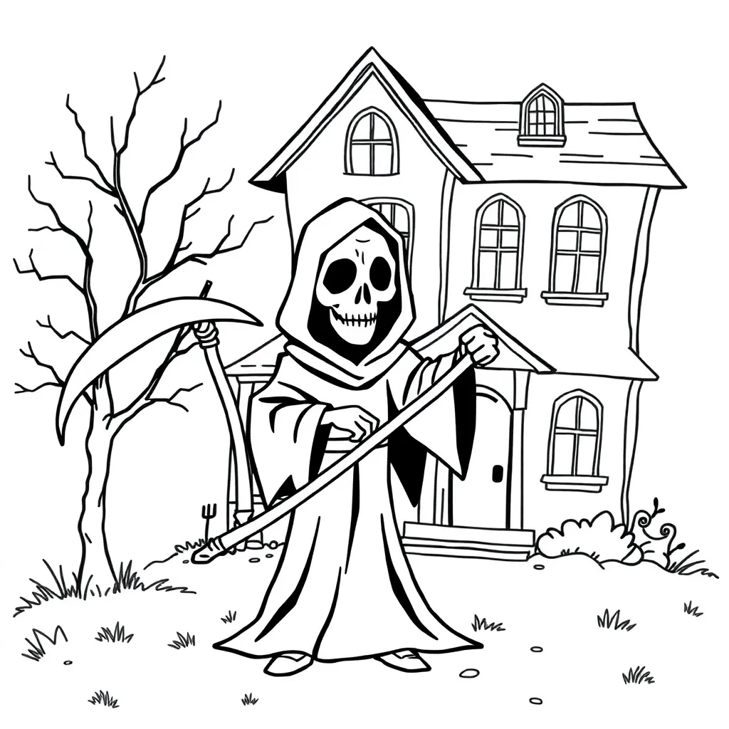 Halloween Grim Reaper Spookhuis Cartoonesk Kinderen coloring page for children
