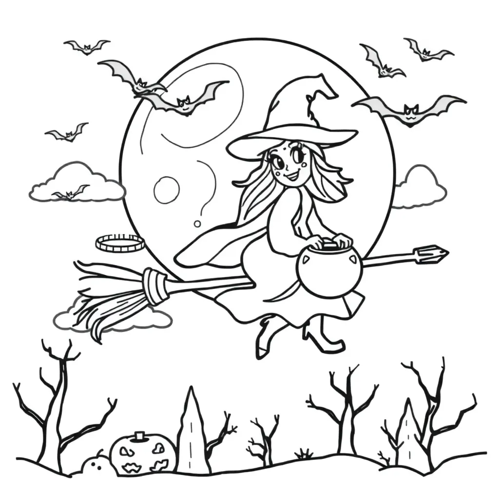 Halloween Heks Betoverd Bos Volle Maan Spookachtig coloring page for children