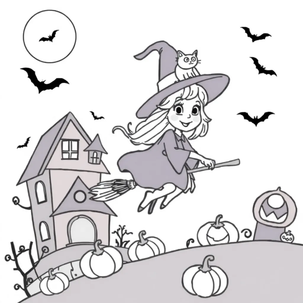 Halloween Heks Kat Spookhuis Pompoenen coloring page for children
