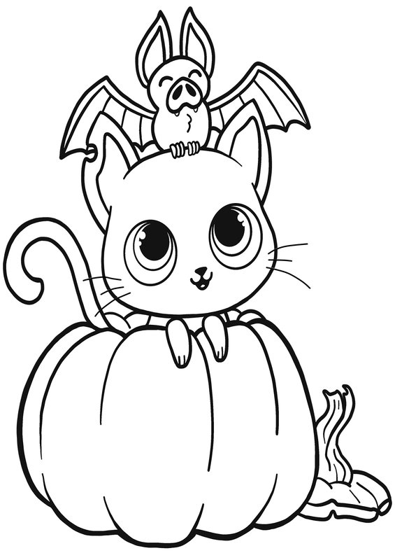 Halloween Katze Fledermaus Und Kurbis coloring page for children